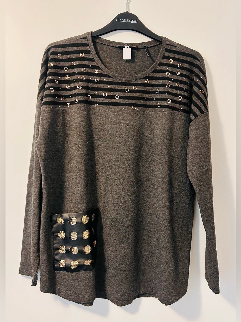 Frank Lyman Design Charcoal Gray Crewneck Sweater with Gold Accents